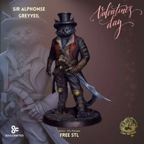 Victorian Cat Rogue Miniature STL – Sir Alphonse Greyveil; Free 35mm Fantasy RPG Character by Golden Thief Studio