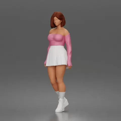 Trendy young woman character standing pose in off shoulder top skirt outfit by 3DGeschaft Miniatures Figures