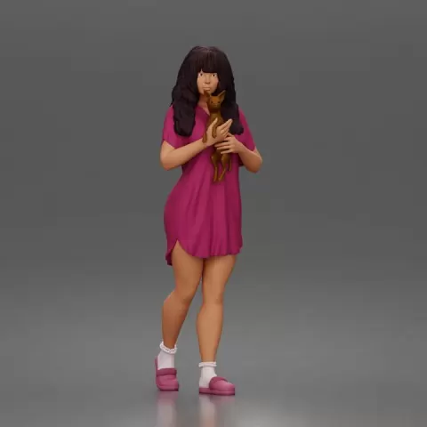 Pet lover woman cuddles tiny pup wearing comfy nightshirt socks slippers by 3DGeschaft Miniatures Figures