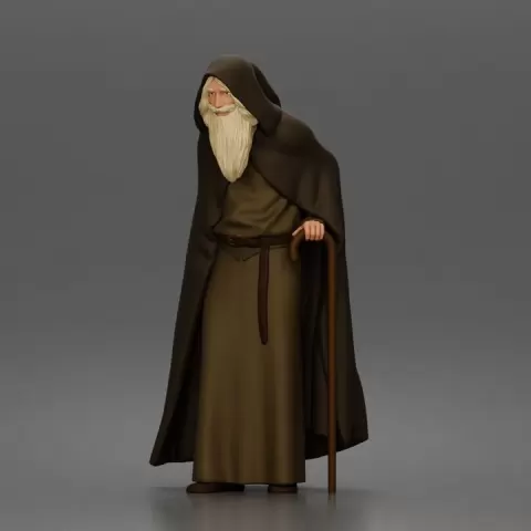 Wandering sage leans on staff wearing hooded cloak and robe by 3DGeschaft Miniatures Figures