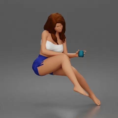Relaxed woman sips morning coffee wearing summer top and shorts 1-24 by 3DGeschaft Miniatures Figures