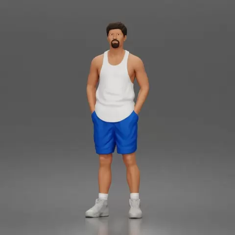 Man stands hands in pockets wearing tanktop shorts sneakers appearing relaxed by 3DGeschaft Miniatures Figures