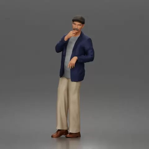 Pensive gentleman twirls mustache wearing cap blazer relaxed trousers polished shoes by 3DGeschaft Miniatures Figures