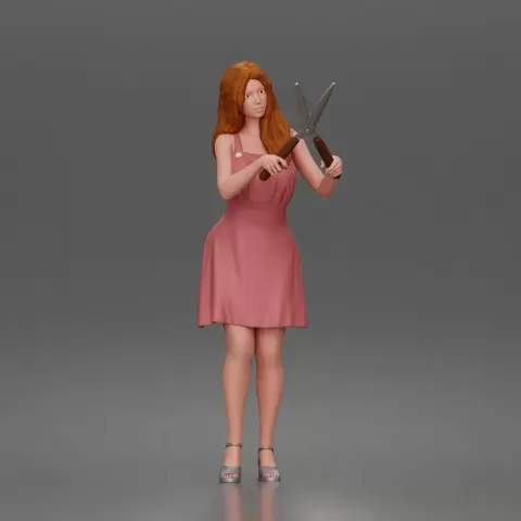 Woman trims garden with oversized shears wearing sundress and high heels by 3DGeschaft Miniatures Figures