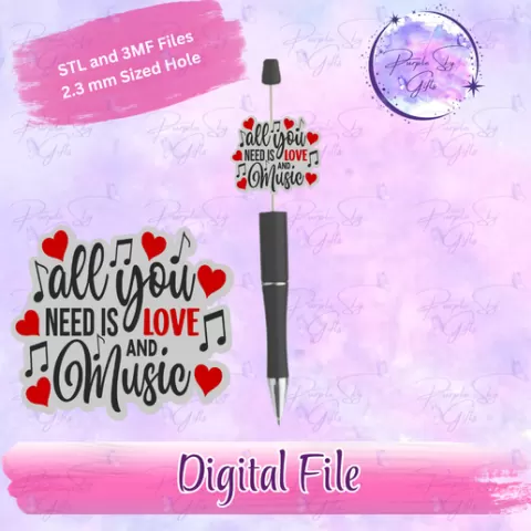 All You Need Is Love And Music - Focal Bead with 2.3 mm hole for Pens, Badges, Keychains, etc. STL and 3MF DIGITAL FILES for 3D Printing