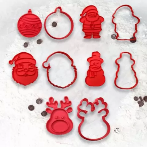 Set of Christmas cookie cutters with shapes and stamps, pack of polymer clay cutters in various sizes, Santa Claus fondant tool, reindeer molds, celebration