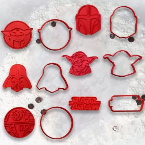 Star Wars cookie cutter stamp set, pack of Mandalorian polymer clay craft cutters in various sizes, Baby Yoda fondant tool, Darth Vader molds.