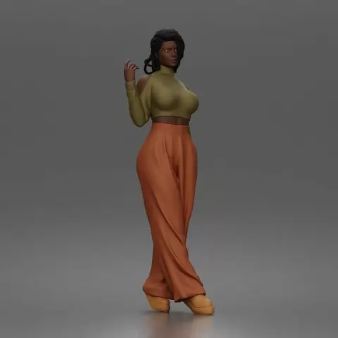Confident woman flaunts cold shoulder crop turtleneck wide leg trousers by 3DGeschaft Miniatures Figures