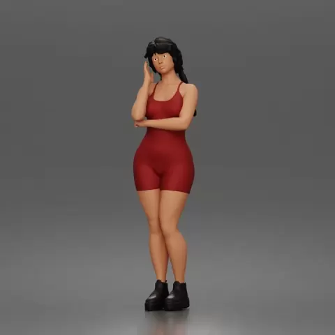 Thoughtful woman stands hand on cheek wearing vest shorts boots by 3DGeschaft Miniatures Figures