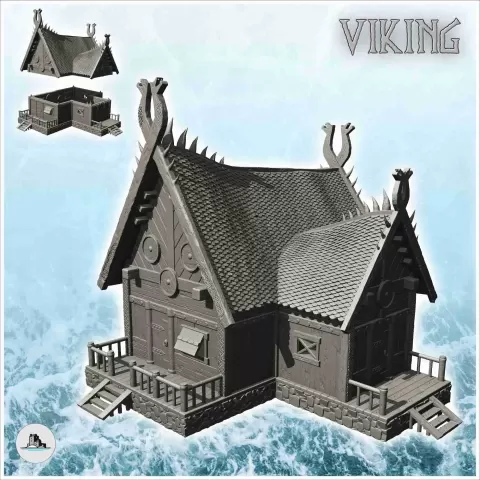 Wooden viking house on platform with double stairs and annex - Hartolia Miniatures