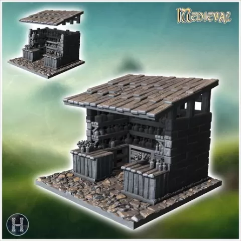 Small open market stall with shelves of pottery, a wooden roof, and cobblestone floor (12) - Medieval Gothic Feudal Old Archaic Saga 28mm 15mm RPG