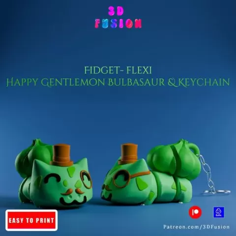 Happy Bulbasaur Gentlemon🍃🎩 : MultiColor Mini Pokemon Articulated Flexi Toy and Keychain 🔸 STL and 3MF Files 🔸 Print in Place