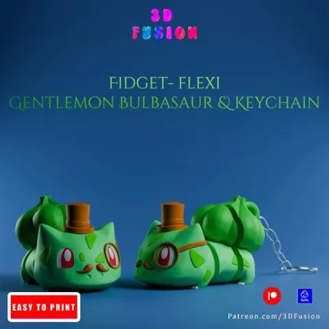 Bulbasaur Gentlemon🍃🎩 : MultiColor Mini Pokemon Articulated Flexi Toy and Keychain 🔸 STL and 3MF Files 🔸 Print in Place