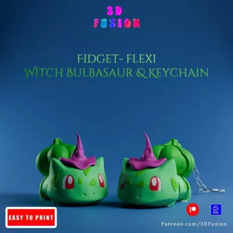 Bulbasaur Witch🍃🧹 : MultiColor Mini Pokemon Articulated Flexi Toy and Keychain 🔸 STL and 3MF Files 🔸 Print in Place