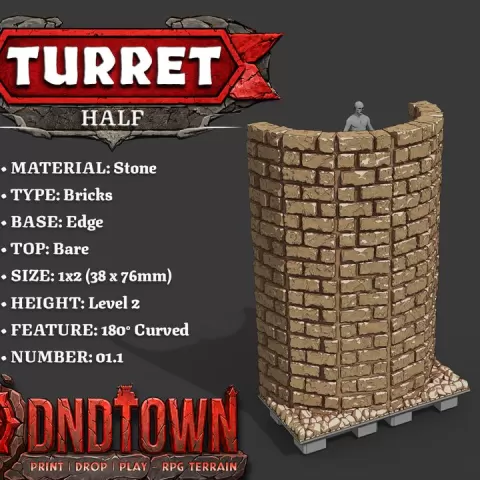 Floor - Turret (CURVED) - Stone Bricks - 1x2 - Level02 - Center Base - Bare Top - 01.1 - 01.1 - DnD Town Minis by TTR.Town