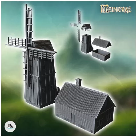 Set of wooden mill on a square base with an annex farm build - Hartolia Miniatures