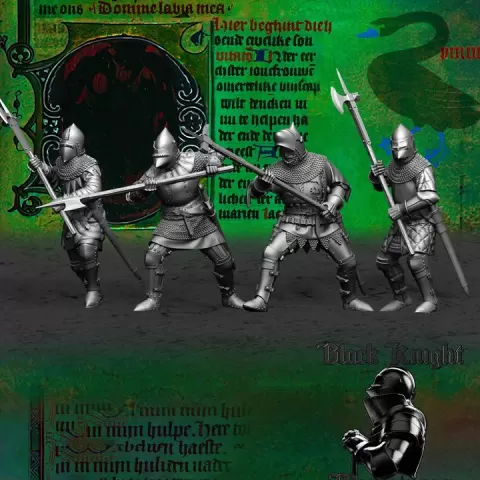 30mm - Early 15th century Hussite Foot Knights - polearms (x 4) by Black Knight Miniatures