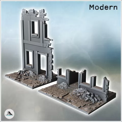 Set of ruined walls with debris on the ground (10) - miniatu - Hartolia Miniatures