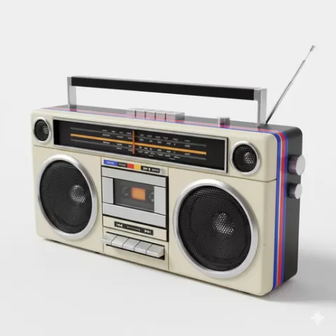 Boombox cassette player, retro, vintage, character, classic, nostalgic, oldschool, iconic, cartoon, figure, collectible