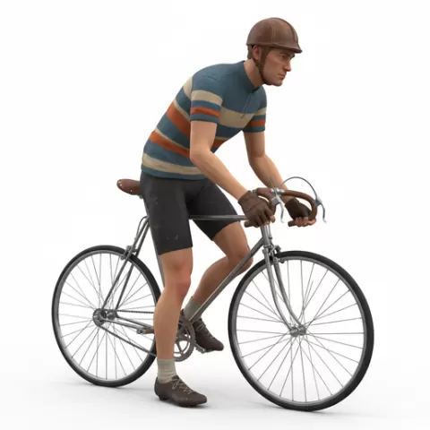 Cyclist holding bike handle, retro, vintage, character, classic, nostalgic, oldschool, iconic, cartoon, figure, collectible
