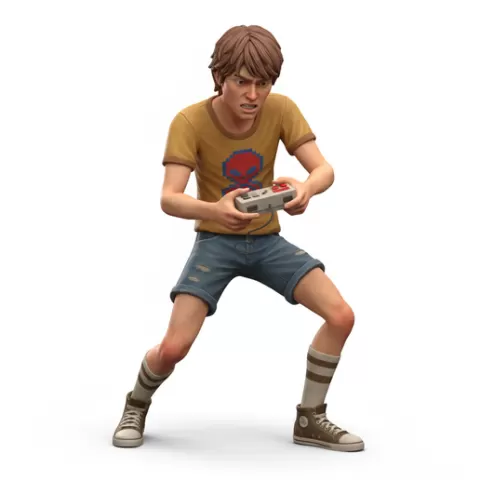 Gamer focused holding controller, retro, vintage, character, classic, nostalgic, oldschool, iconic, cartoon, figure, collectible