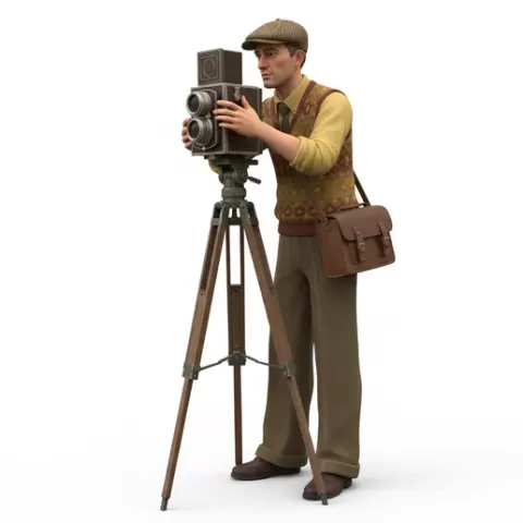 Cameraman adjusting lens, retro, vintage, character, classic, nostalgic, oldschool, iconic, cartoon, figure, collectible