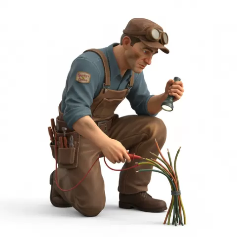 Electrician checking wires closely, retro, vintage, character, classic, nostalgic, oldschool, iconic, cartoon, figure, collectible
