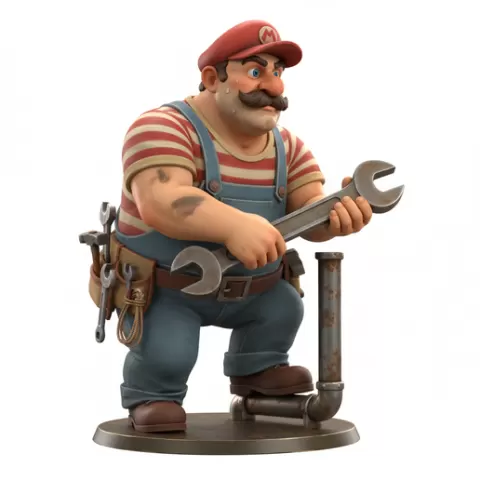 Plumber tightening pipe, retro, vintage, character, classic, nostalgic, oldschool, iconic, cartoon, figure, collectible