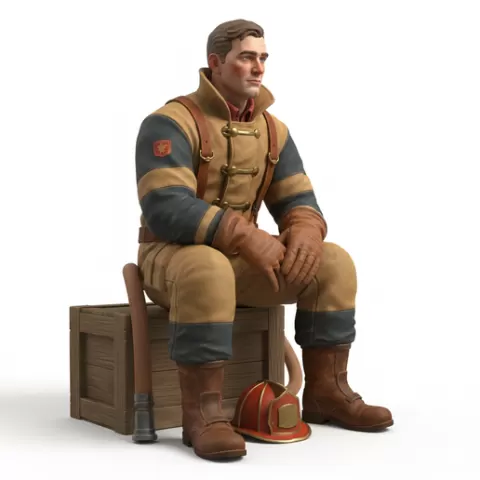 Firefighter sitting resting helmet beside, retro, vintage, character, classic, nostalgic, oldschool, iconic, cartoon, figure, collectible