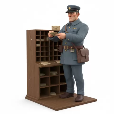 Postman sorting letters, retro, vintage, character, classic, nostalgic, oldschool, iconic, cartoon, figure, collectible
