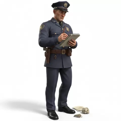 Police officer writing report, retro, vintage, character, classic, nostalgic, oldschool, iconic, cartoon, figure, collectible