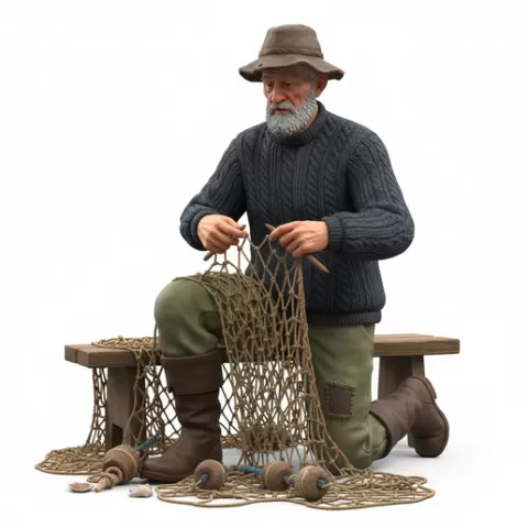 Fisherman fixing fishing net, retro, vintage, character, classic, nostalgic, oldschool, iconic, cartoon, figure, collectible