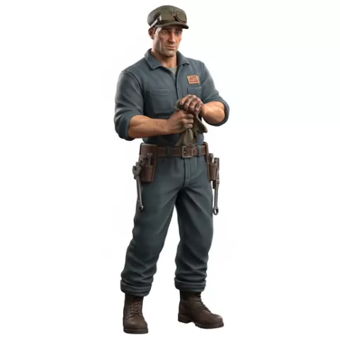 Mechanic wiping grease from hands, retro, vintage, character, classic, nostalgic, oldschool, iconic, cartoon, figure, collectible