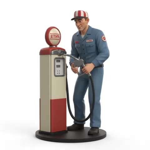 Gas station worker checking pump, retro, vintage, character, classic, nostalgic, oldschool, iconic, cartoon, figure, collectible