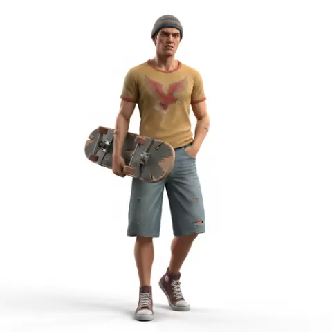 Skater carrying broken board, retro, vintage, character, classic, nostalgic, oldschool, iconic, cartoon, figure, collectible