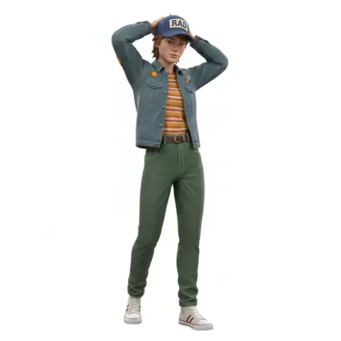 Teen adjusting cap backward, retro, vintage, character, classic, nostalgic, oldschool, iconic, cartoon, figure, collectible