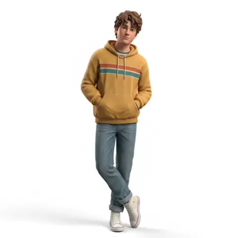 Teen leaning with hands in hoodie pocket, retro, vintage, character, classic, nostalgic, oldschool, iconic, cartoon, figure, collectible