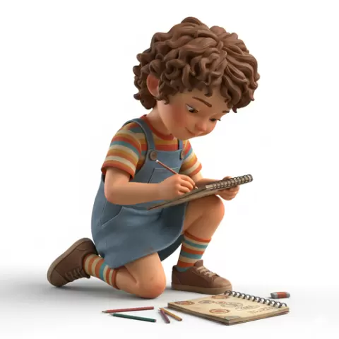 Kid drawing in notebook, retro, vintage, character, classic, nostalgic, oldschool, iconic, cartoon, figure, collectible