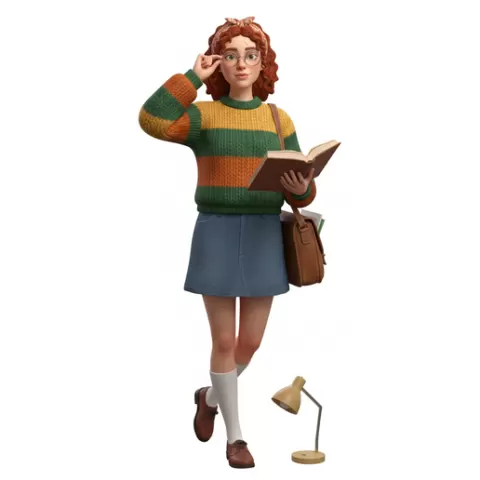 Teen adjusting glasses studying, retro, vintage, character, classic, nostalgic, oldschool, iconic, cartoon, figure, collectible