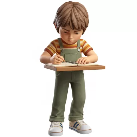 Kid writing in notebook focused, retro, vintage, character, classic, nostalgic, oldschool, iconic, cartoon, figure, collectible