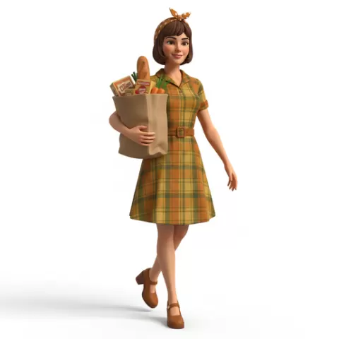 Shopper holding grocery bag, retro, vintage, character, classic, nostalgic, oldschool, iconic, cartoon, figure, collectible