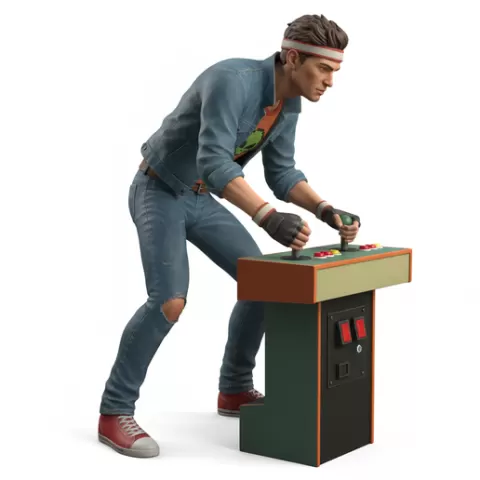Arcade player leaning forward, retro, vintage, character, classic, nostalgic, oldschool, iconic, cartoon, figure, collectible
