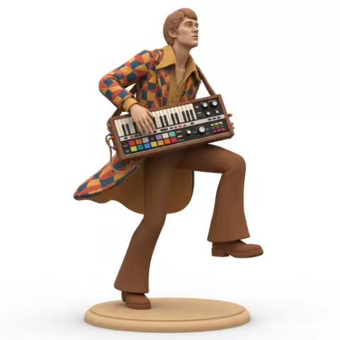 Keyboard player holding synth, retro, vintage, character, classic, nostalgic, oldschool, iconic, cartoon, figure, collectible