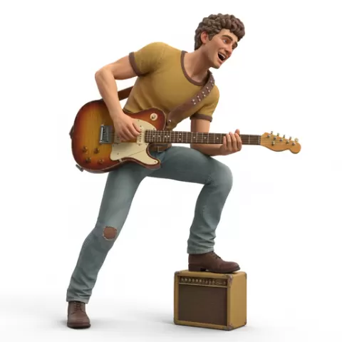 Guitar player holding electric guitar, retro, vintage, character, classic, nostalgic, oldschool, iconic, cartoon, figure, collectible