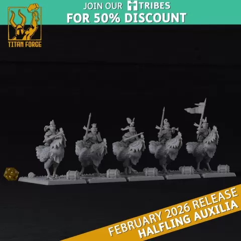 Halfling Chicken Riders - Halfling Auxilia - Titan Forge Miniatures February 2026 by Titan Forge Miniatures