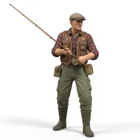 Fisherman holding rod, retro, vintage, character, classic, nostalgic, oldschool, iconic, cartoon, figure, collectible