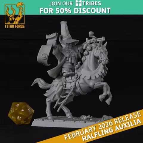 Halfling Inquisitor Rider - Halfling Auxilia - Titan Forge Miniatures February 2026 by Titan Forge Miniatures