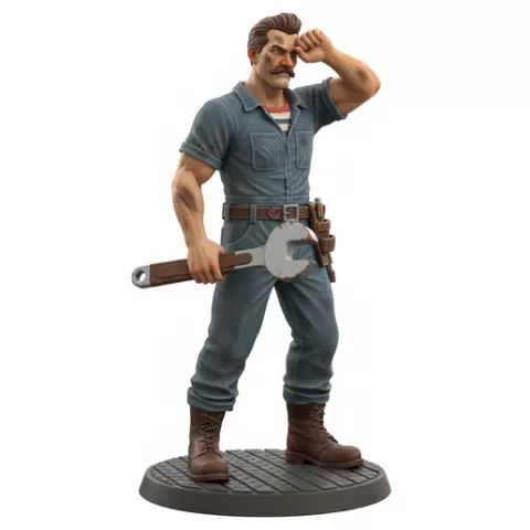 Retro mechanic holding wrench, retro, vintage, character, classic, nostalgic, oldschool, iconic, cartoon, figure, collectible