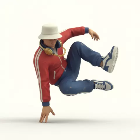 B-boy mid-spin pose (simplified), retro, vintage, character, classic, nostalgic, oldschool, iconic, cartoon, figure, collectible