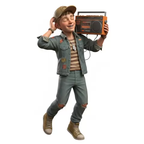 Street kid holding cassette player, retro, vintage, character, classic, nostalgic, oldschool, iconic, cartoon, figure, collectible